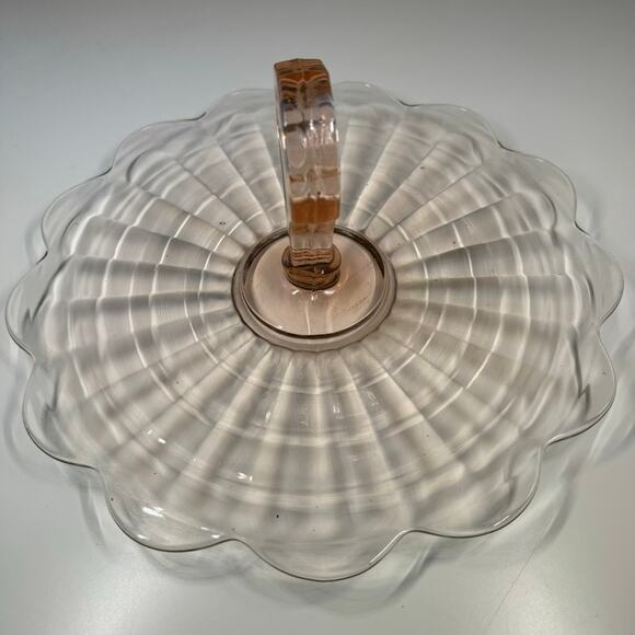 Vintage Pink Depression Glass Handled Tray 11" Scalloped Ribbed Platter - Picture 10 of 13